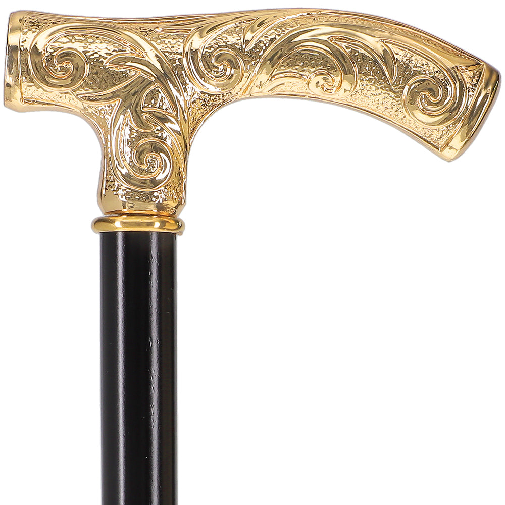 24K Gold Plated Embossed Fritz Handle Walking Cane with Black Beechwood Shaft and Collar Where To Buy Cheap Real