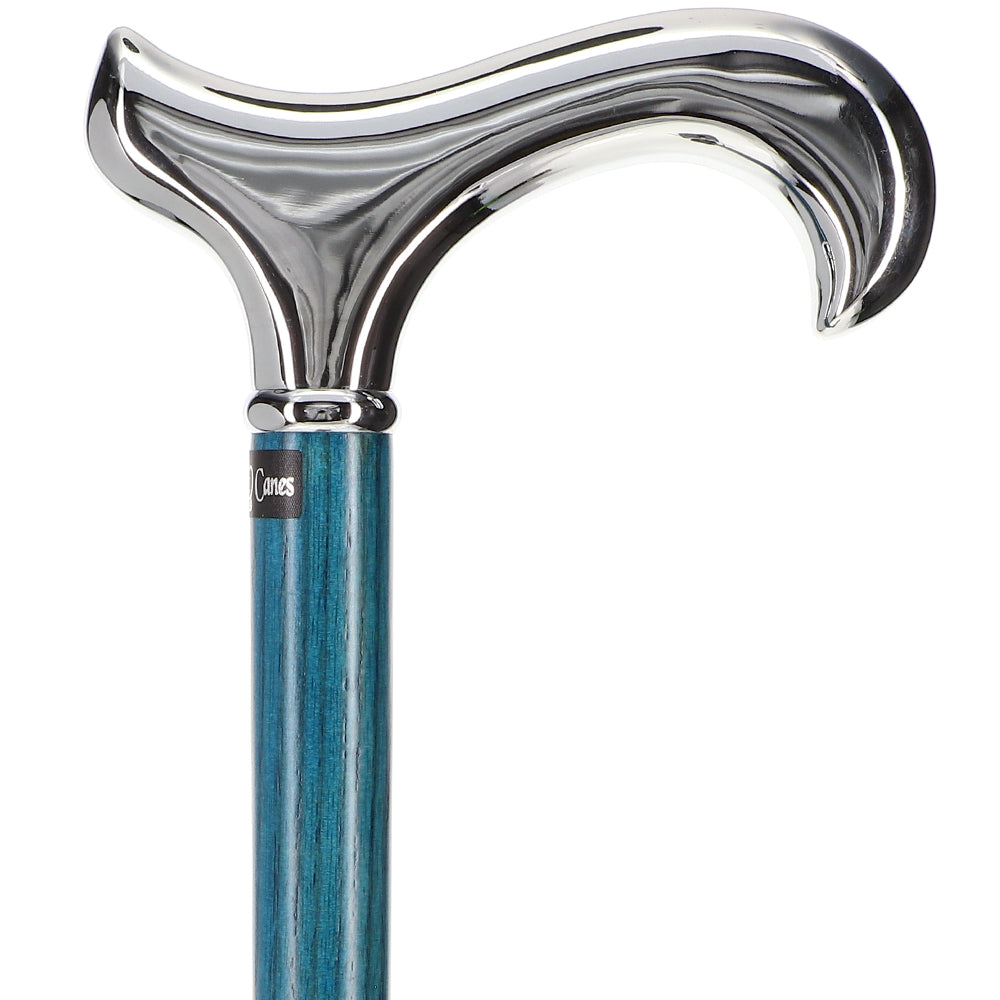 Scratch and Dent Blue Chrome Plated Derby Walking Cane With Blue Ash Wood Shaft and Silver Collar V2278 Clearance Buy