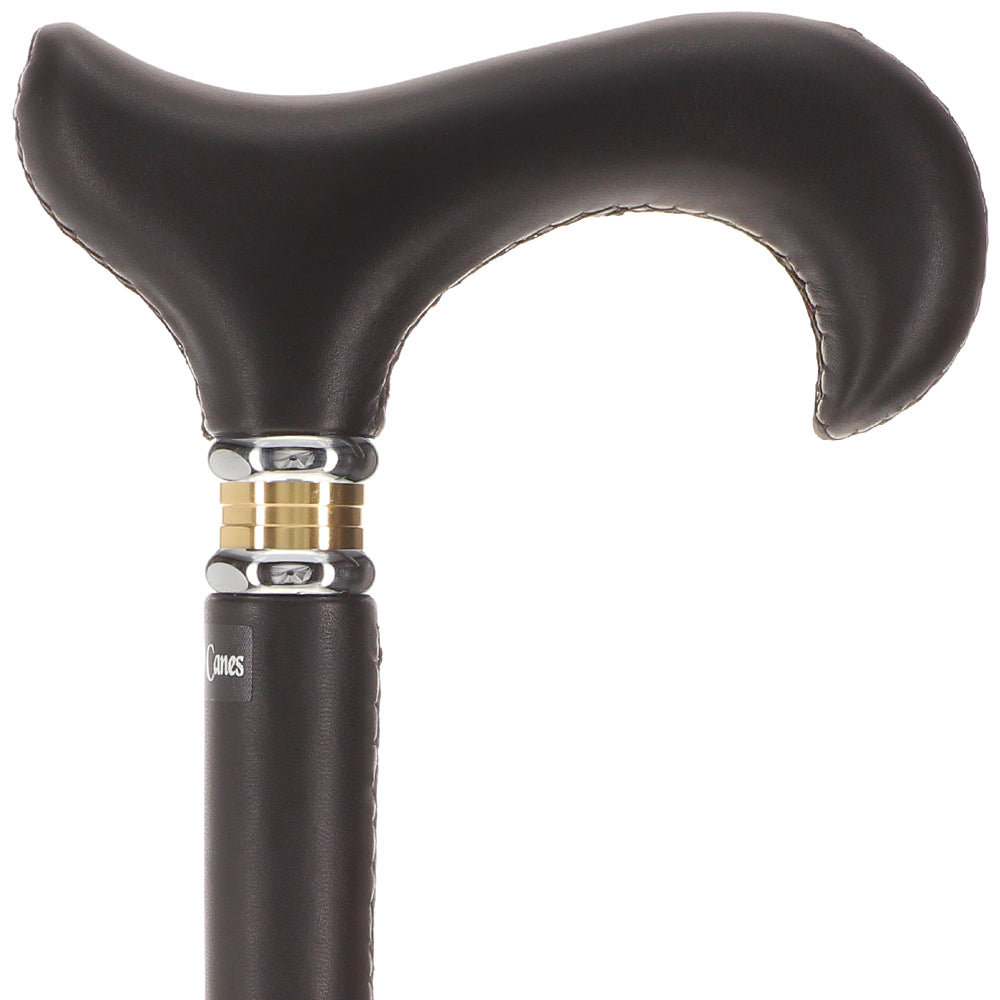 Scratch and Dent Black Leather Wrapped Derby Walking Cane With Leather Shaft and Two Tone Collar V1232 Online Online Cheap Pice