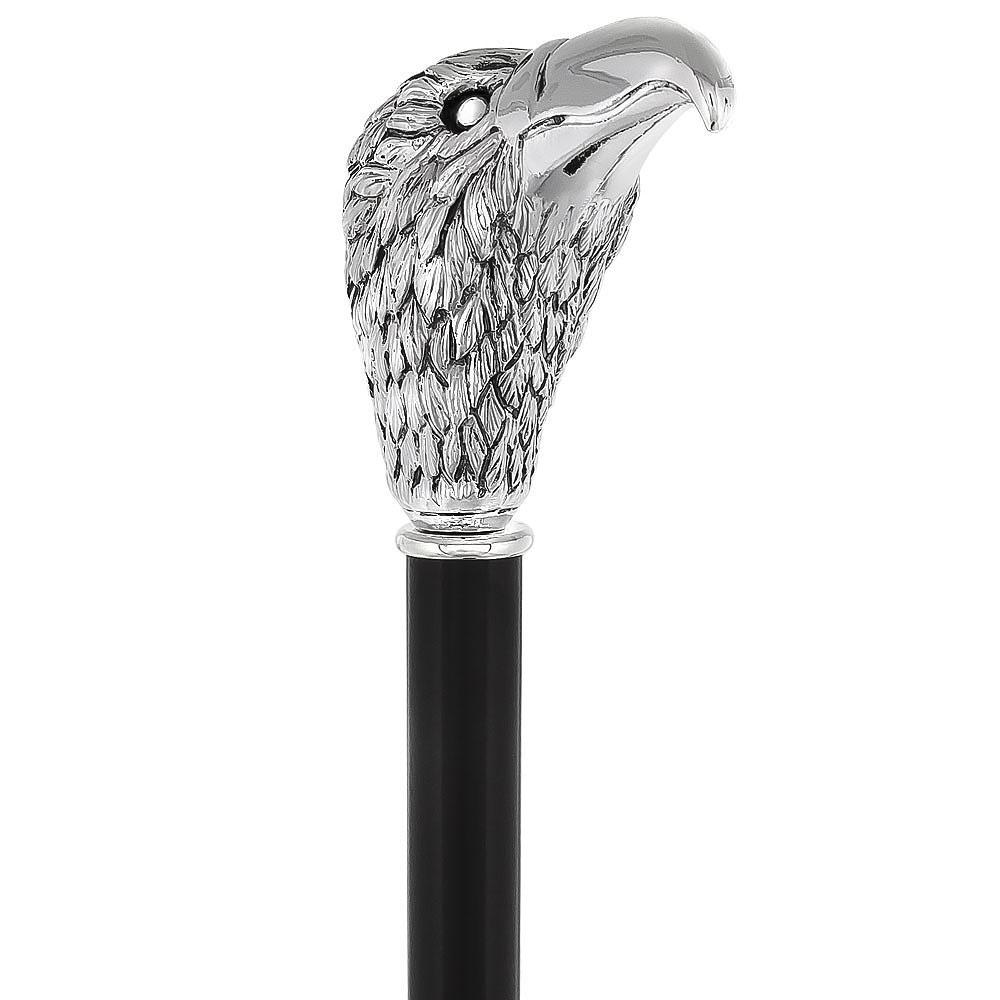 Scratch and Dent Silver 925r Hawk Head Walking Cane with Stained Beechwood Shaft and Collar V1932 Sale With Credit Card