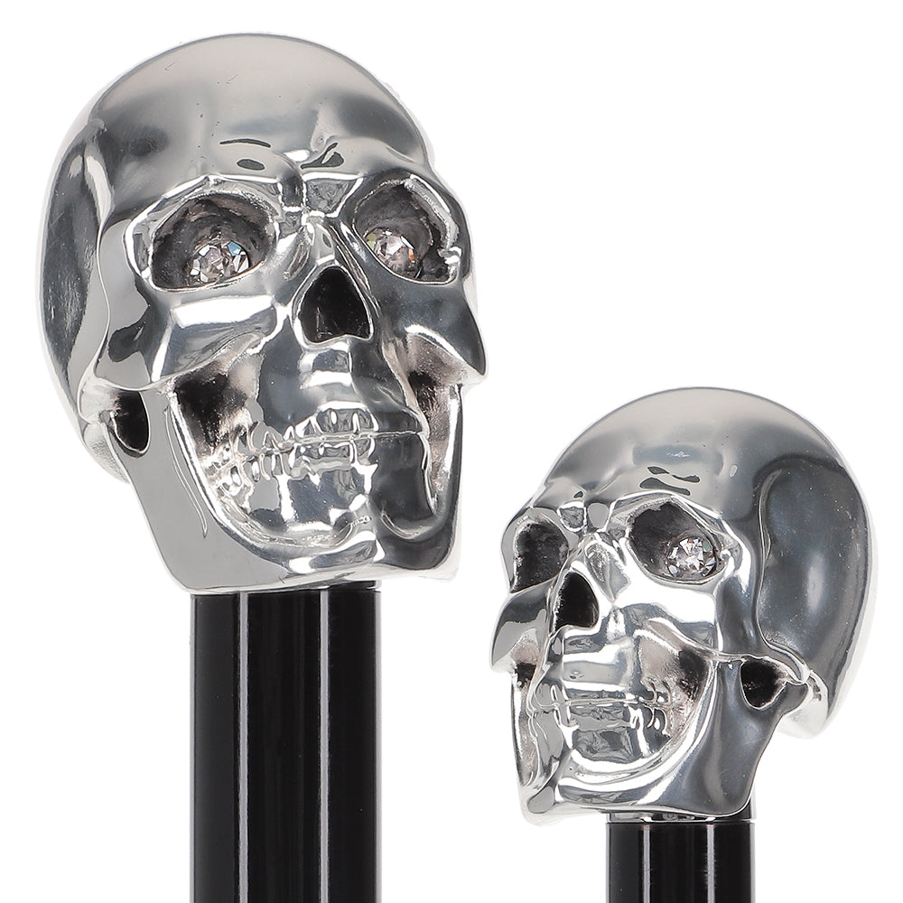 Italian Luxury: Skull Walking Stick, Swarovski Eyes, 925r Silver Real For Sale