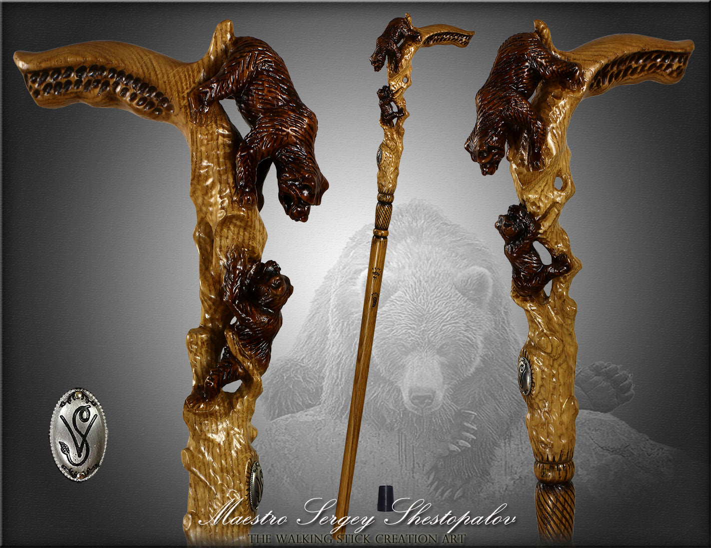 Mama Bear with Baby Bear: Artisan Intricate Hand-Carved Cane New Online