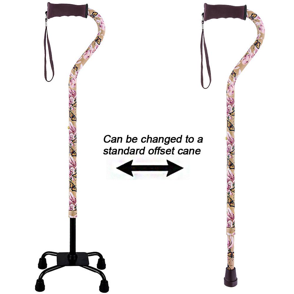 Lily and Butterfly Aluminum Convertible Quad Walking Cane with Comfort Grip - Adjustable Shaft Visit