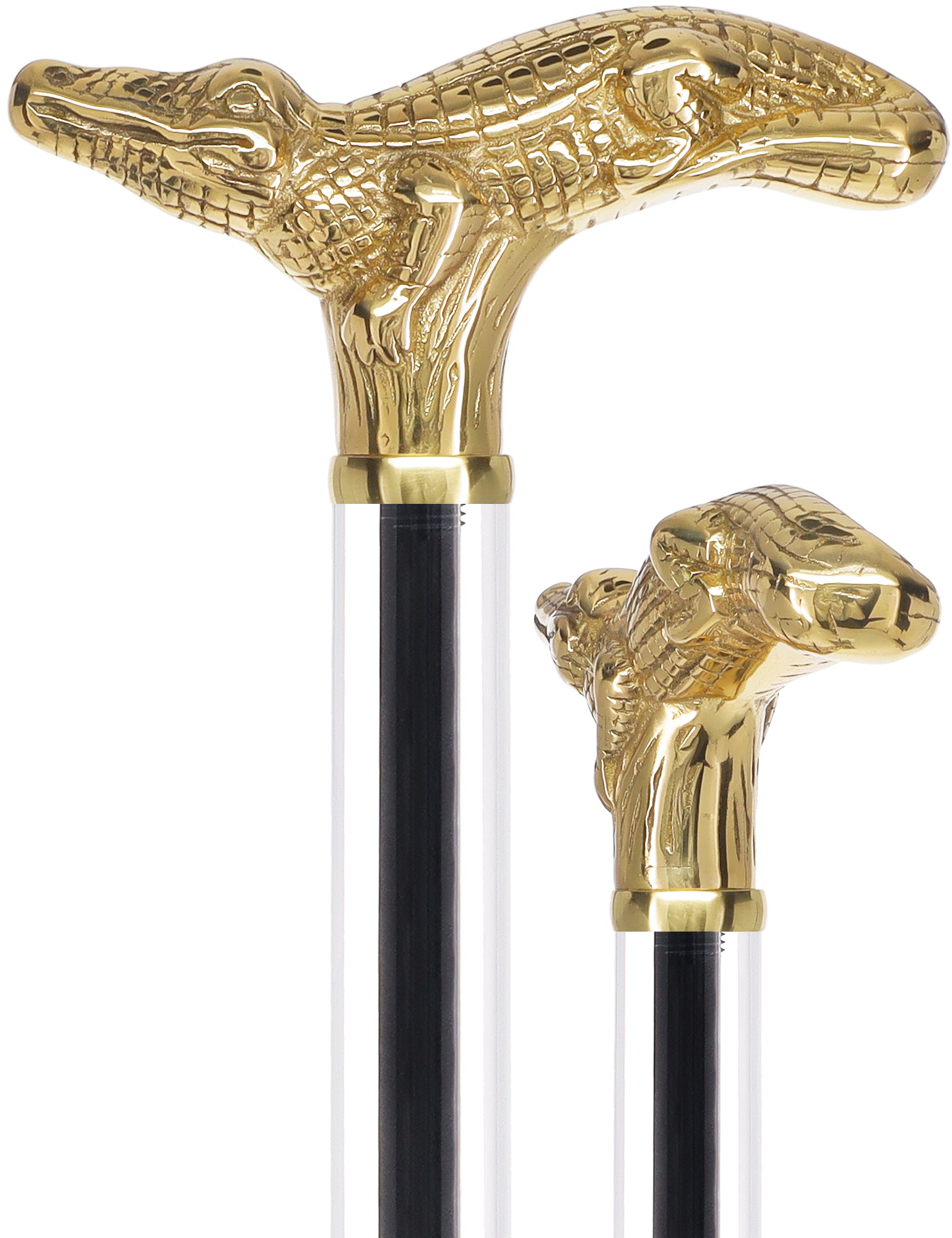 Crystal Elegance Brass Alligator Cane with Invisible Acrylic Shaft Options Low Pice For Sale