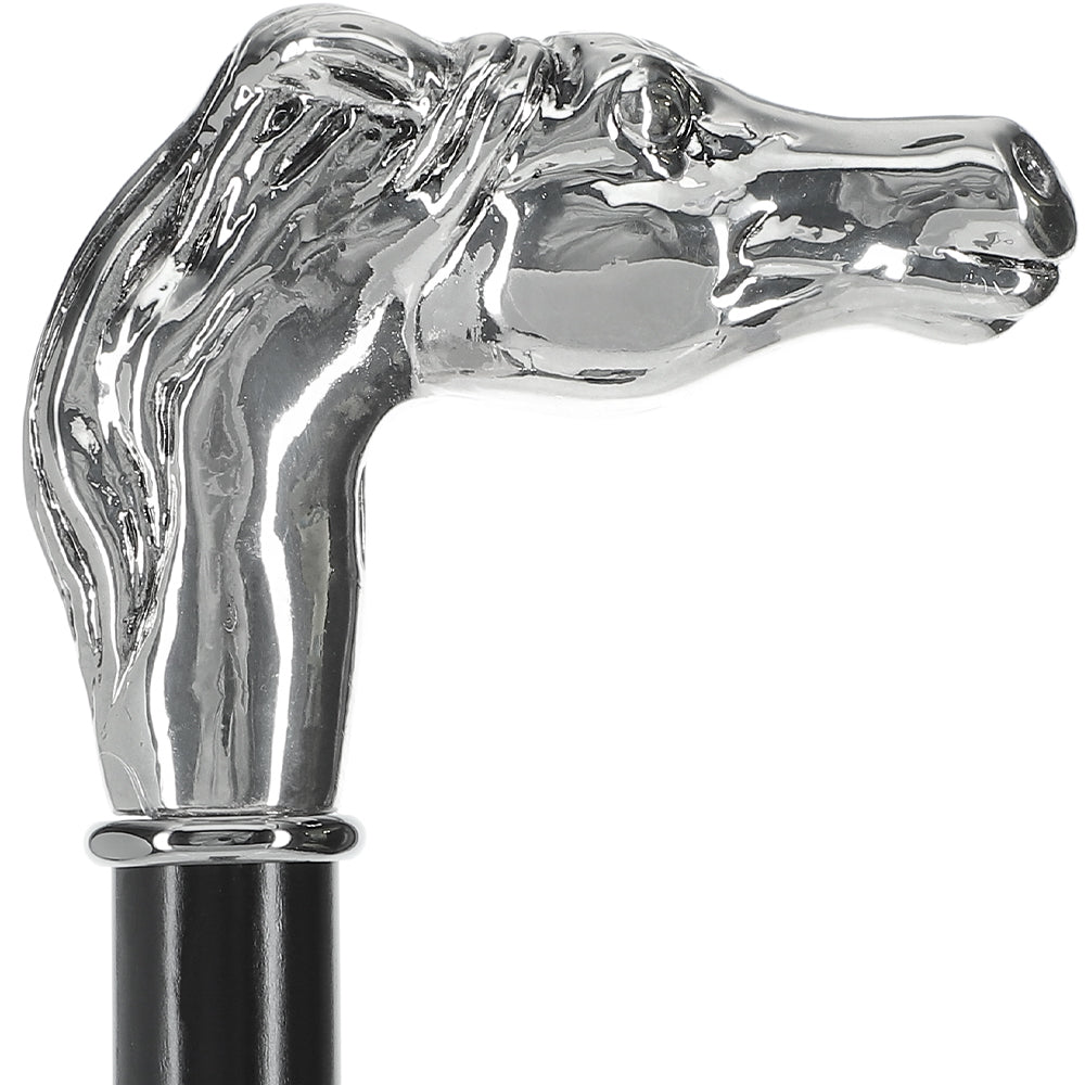 Silver 925r Horse Walking Cane with Black Beechwood Shaft and Collar Perfect Sale Online