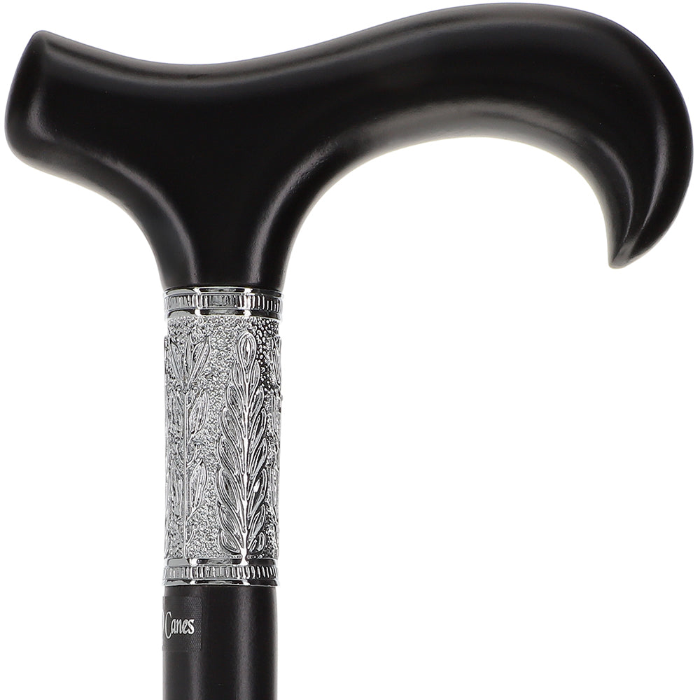 Scratch and Dent Hand-Made Black Beechwood Derby Walking Cane w/ Pewter Leaf Silver Collar V2308 Outlet Fashion Style