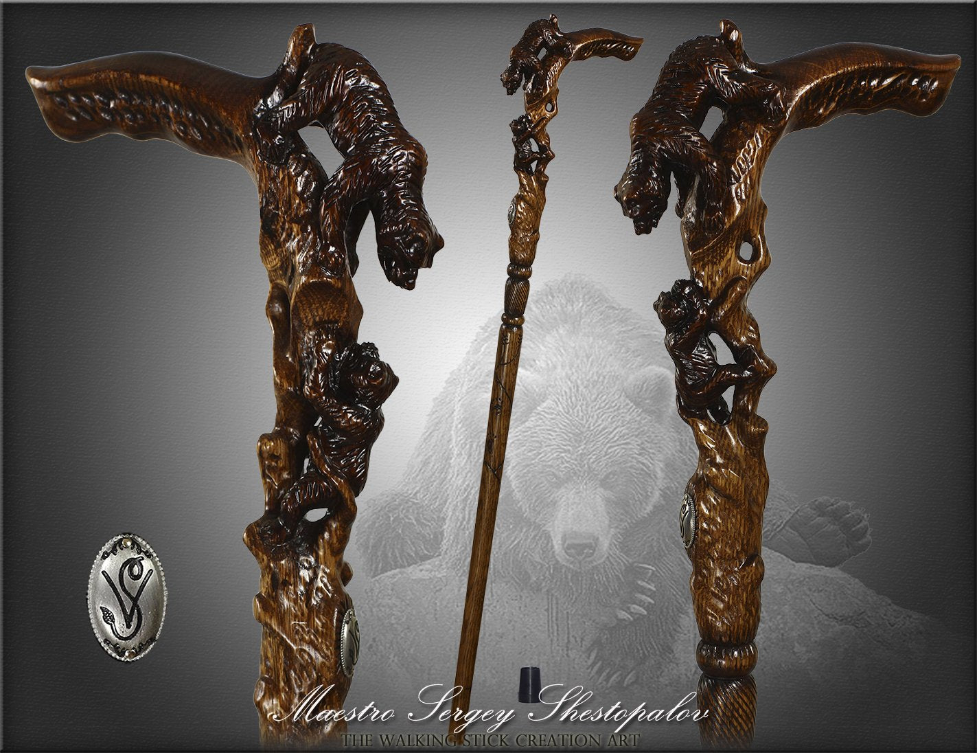 Mama Bear with Baby Bear: Artisan Intricate Hand-Carved Cane New Online
