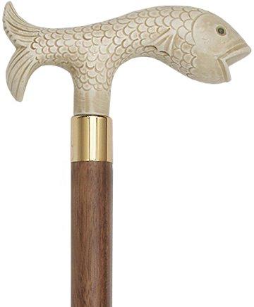 Scratch and Dent Faux Ivory Fish Handle Walking Cane-Italian Handle w/ Brown Beechwood Shaft and Brass Gold Collar V2252 Cheap Best Store To Get