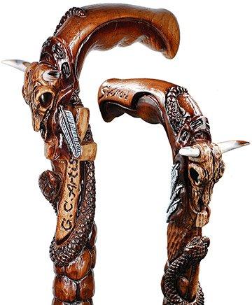 Buffalo Skull Snake: Artisan Intricate Handcarved Wood Cane Discount Professional