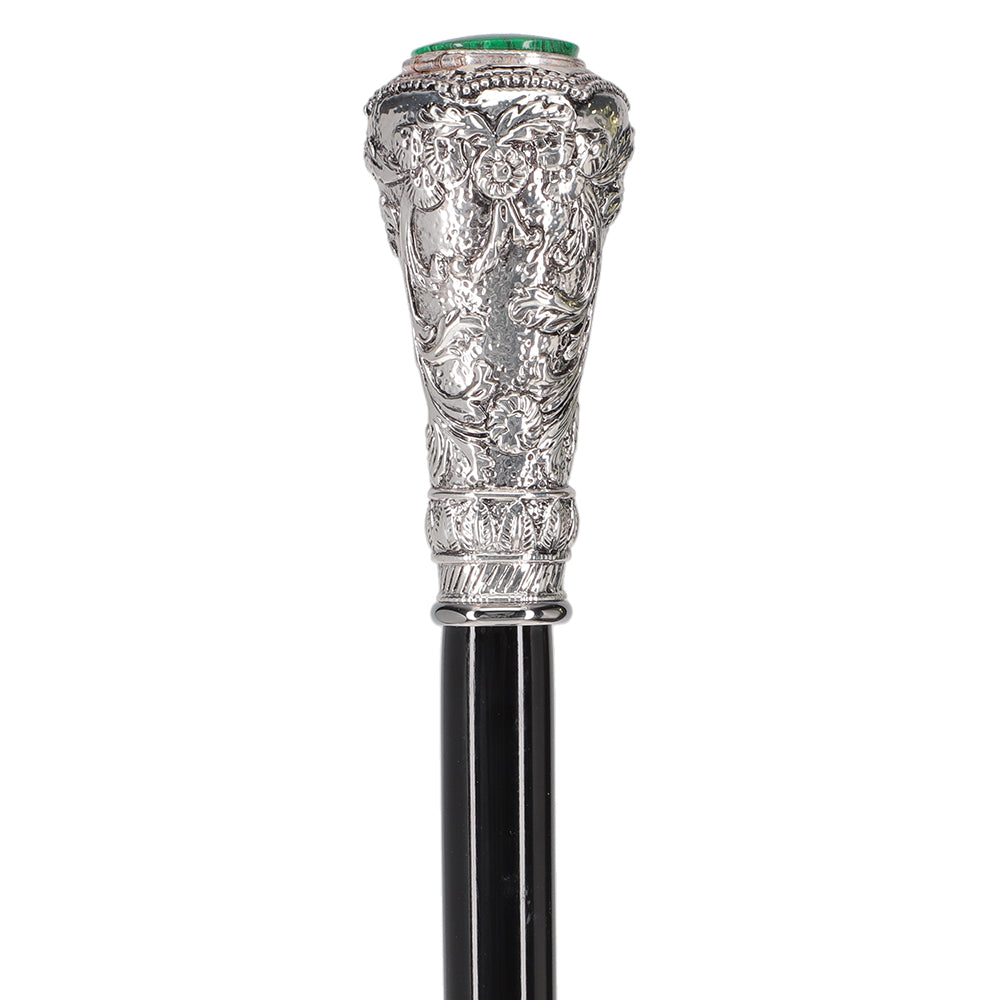 Silver 925r Knob Handle Walking Cane w/ Black Beechwood Shaft and Green Stone Pillbox Discount Hot Sale