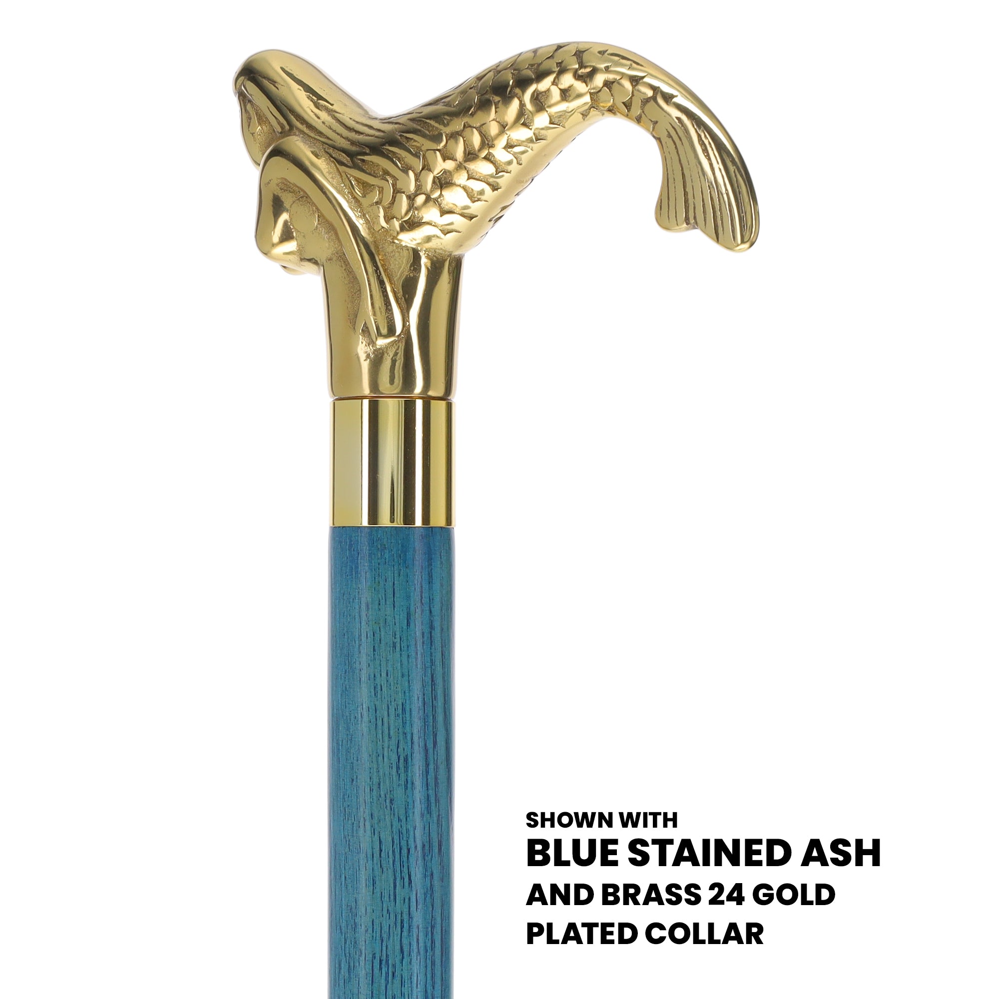 Brass Mermaid Handle Walking Cane w/ Custom Color Stained Ash Shaft & Collar Cheap Free Shipping