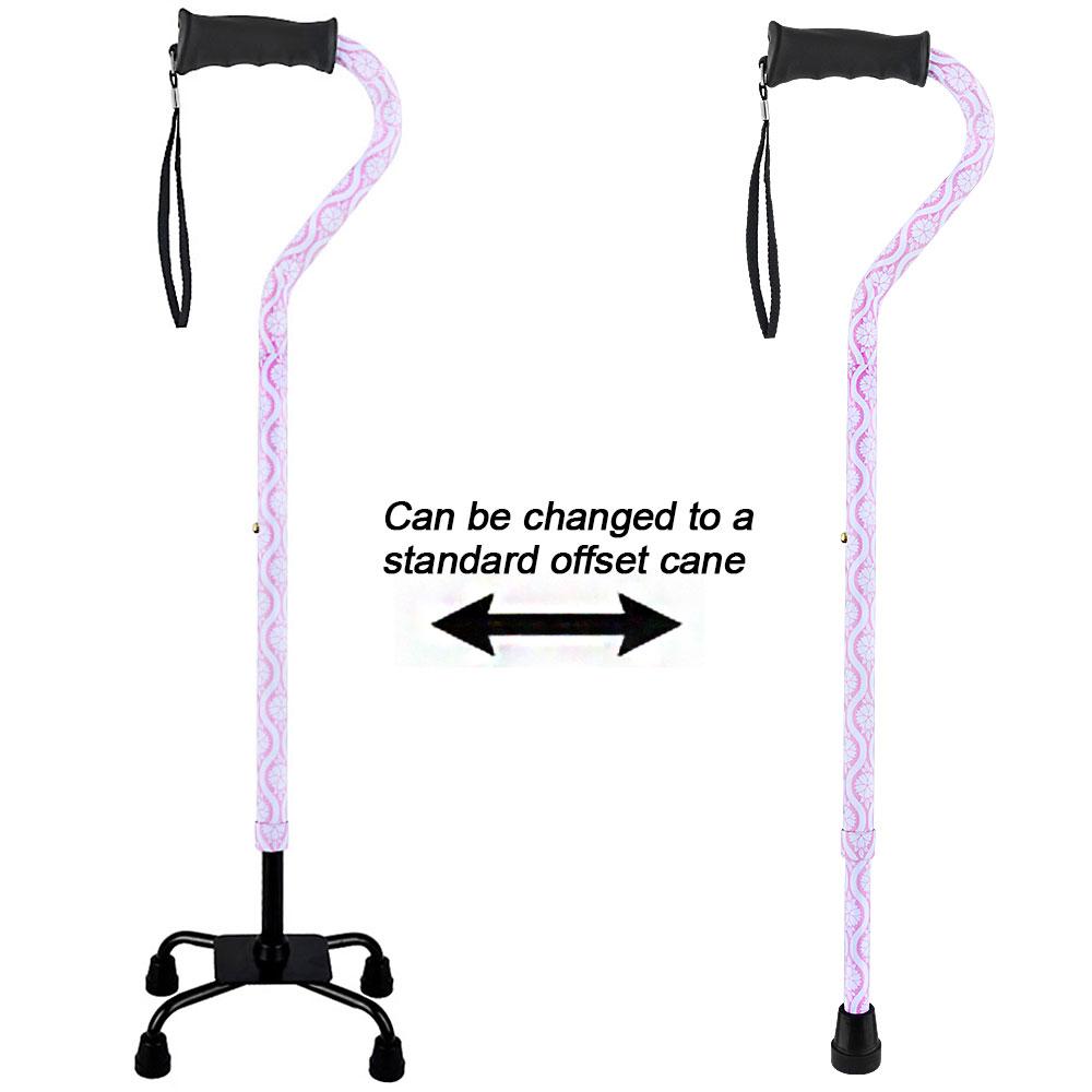 Pink Pastel Rose Aluminum Convertible Quad Walking Cane with Comfort Grip - Adjustable Shaft Pictures Online