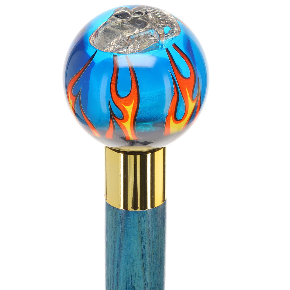 Blue Flame with Skull Round Knob Cane w/ Custom Color Ash Shaft & Collar Free Shipping Cost
