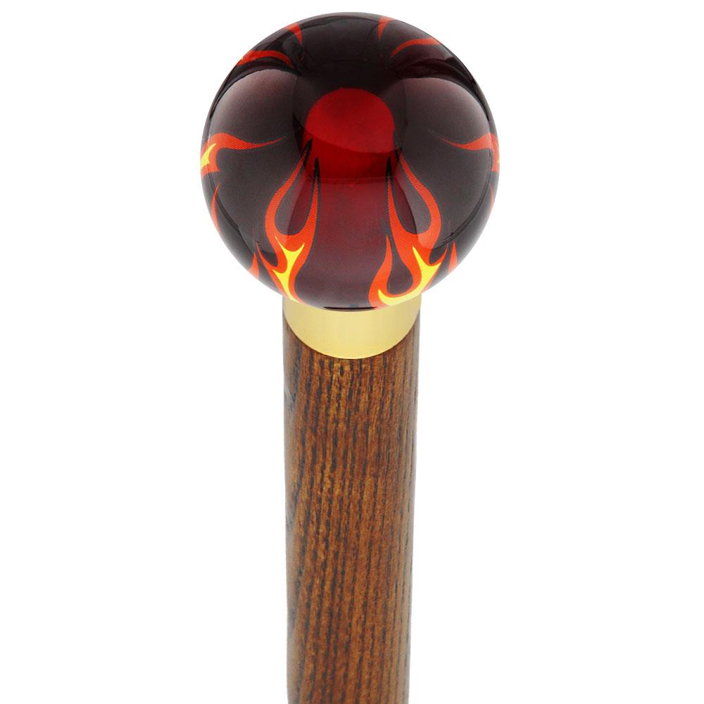 Burst of Flames Red Transparent Round Knob Cane w/ Custom Color Ash Shaft & Collar For Sale Free Shipping