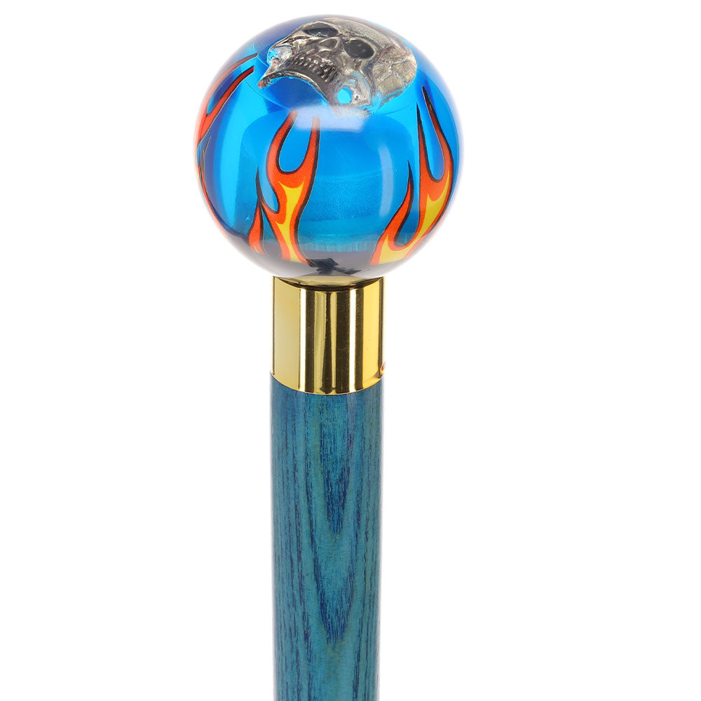 Blue Flame with Skull Round Knob Cane w/ Custom Color Ash Shaft & Collar Free Shipping Cost