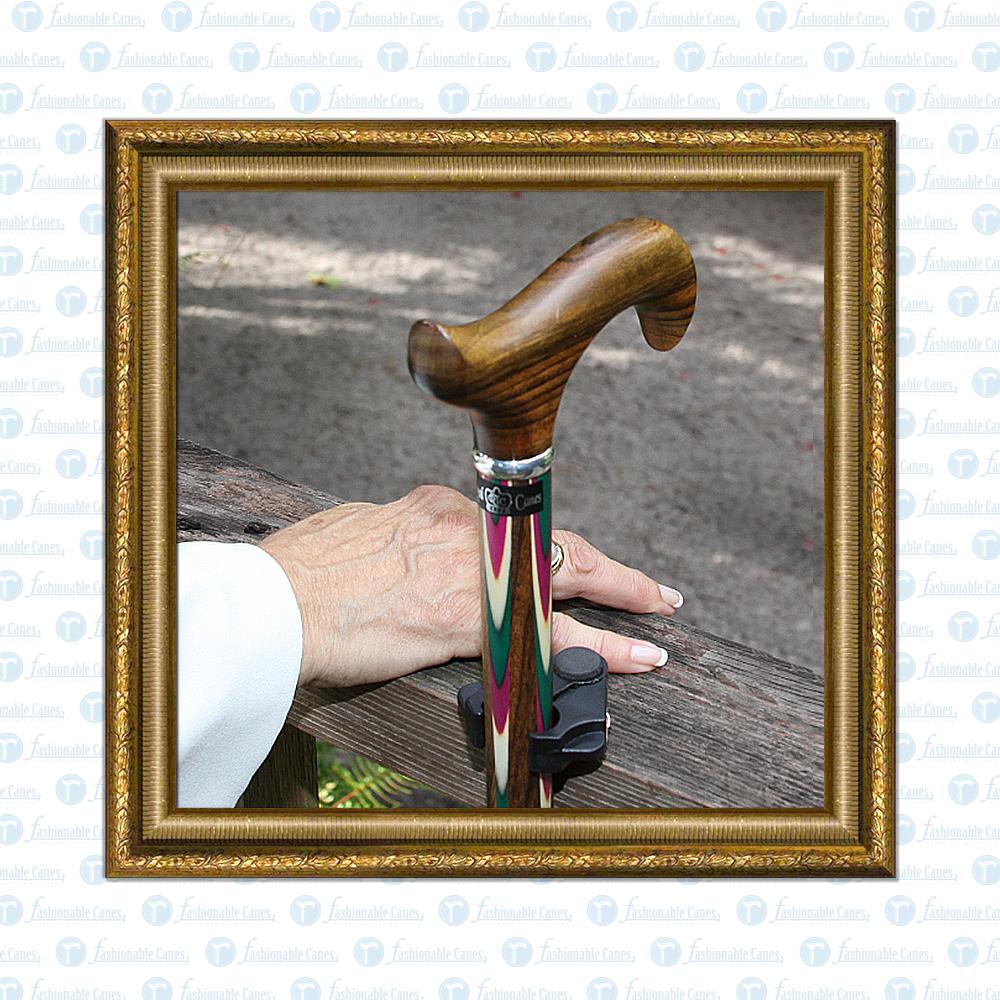 Scratch and Dent Pink & Green Inlaid Derby Walking Cane With Inlaid Ovangkol Shaft and Silver Collar V1263 Shipping Discount Sale
