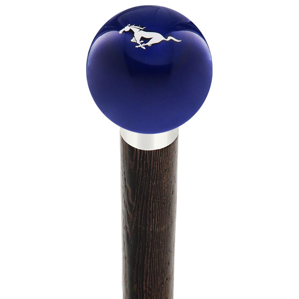 Licensed Mustang Horse Emblem Dark Blue Round Knob Cane w/ Custom Wood Shaft & Collar Low Shipping Fee Online