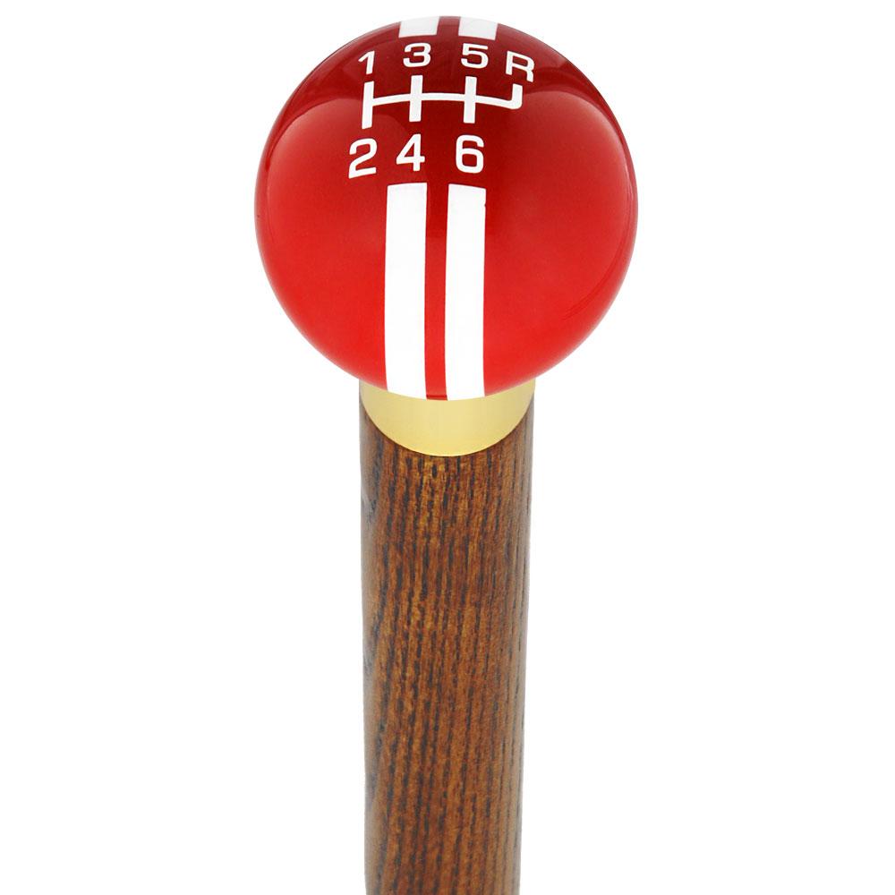 Red & White Rally Shift Round Knob Cane w/ Custom Color Ash Shaft & Collar Clearance Pices