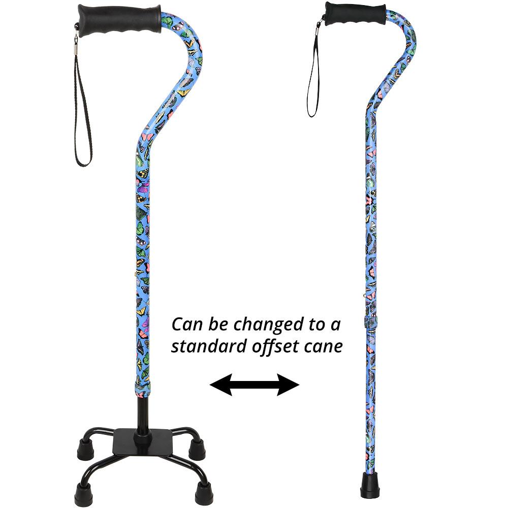 Butterflies Aluminum Convertible Quad Base Walking Cane - Adjustable Shaft Clearance Online Amazon