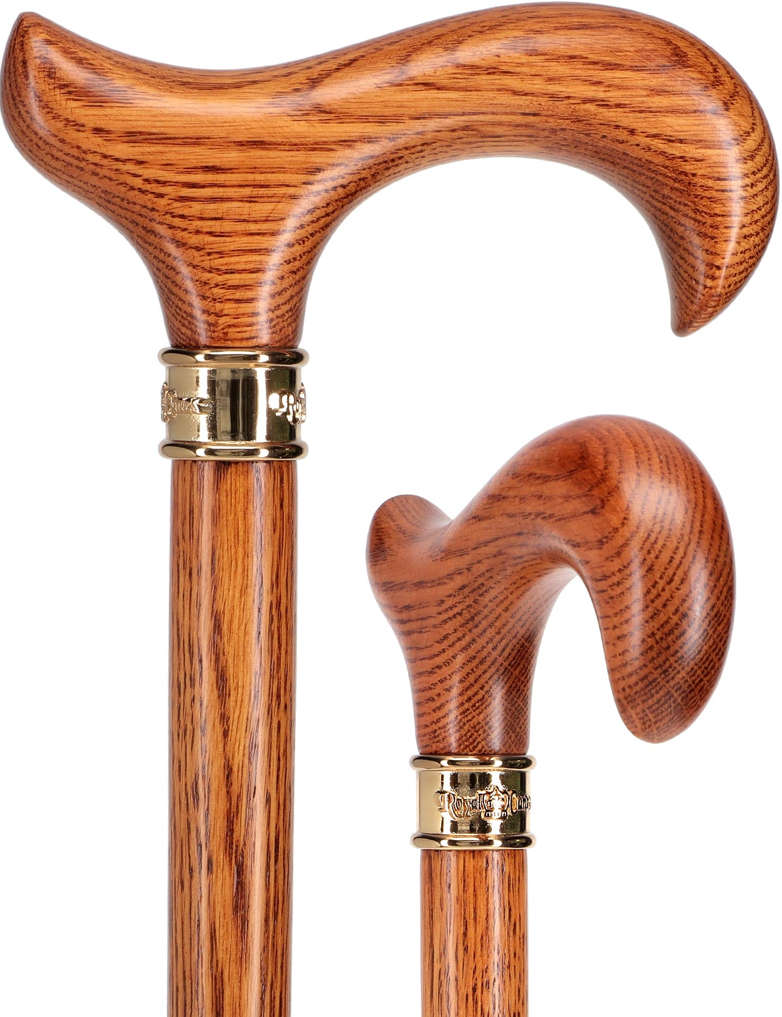 Strong Natural Oak Derby Walking Cane & Brass Embossed Collar Authentic For Sale