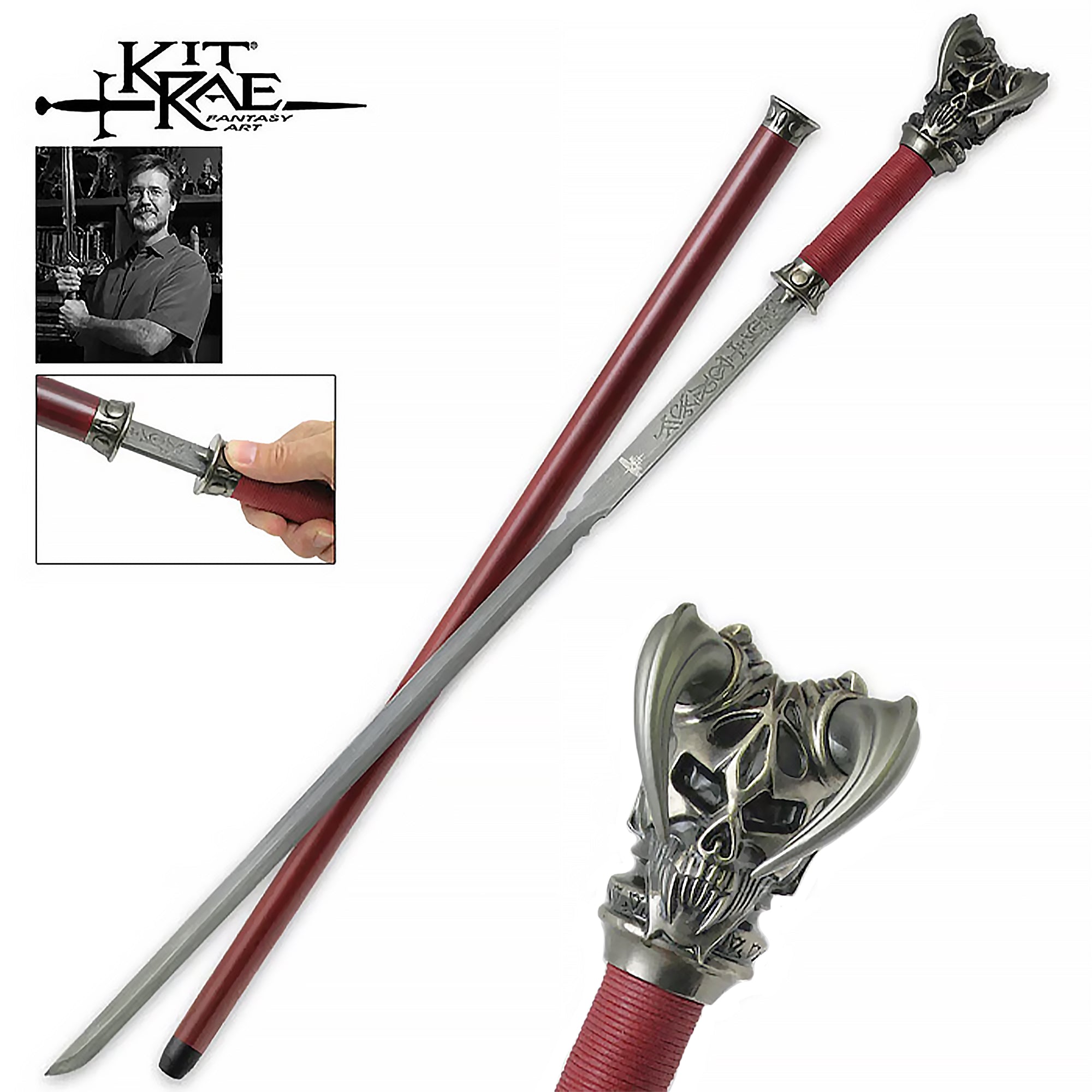 Vorthelok: Folded Damascus Sword Cane with Red Waxed Grip Outlet New Arrival