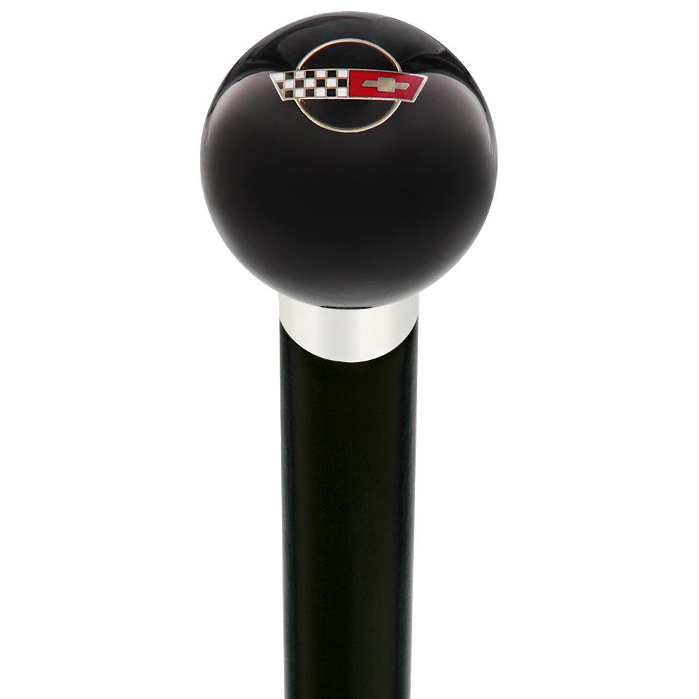 Licensed Corvette Side by Side Flags Emblem Black Round Knob Cane w/ Custom Wood Shaft & Collar Comfortable Cheap Pice