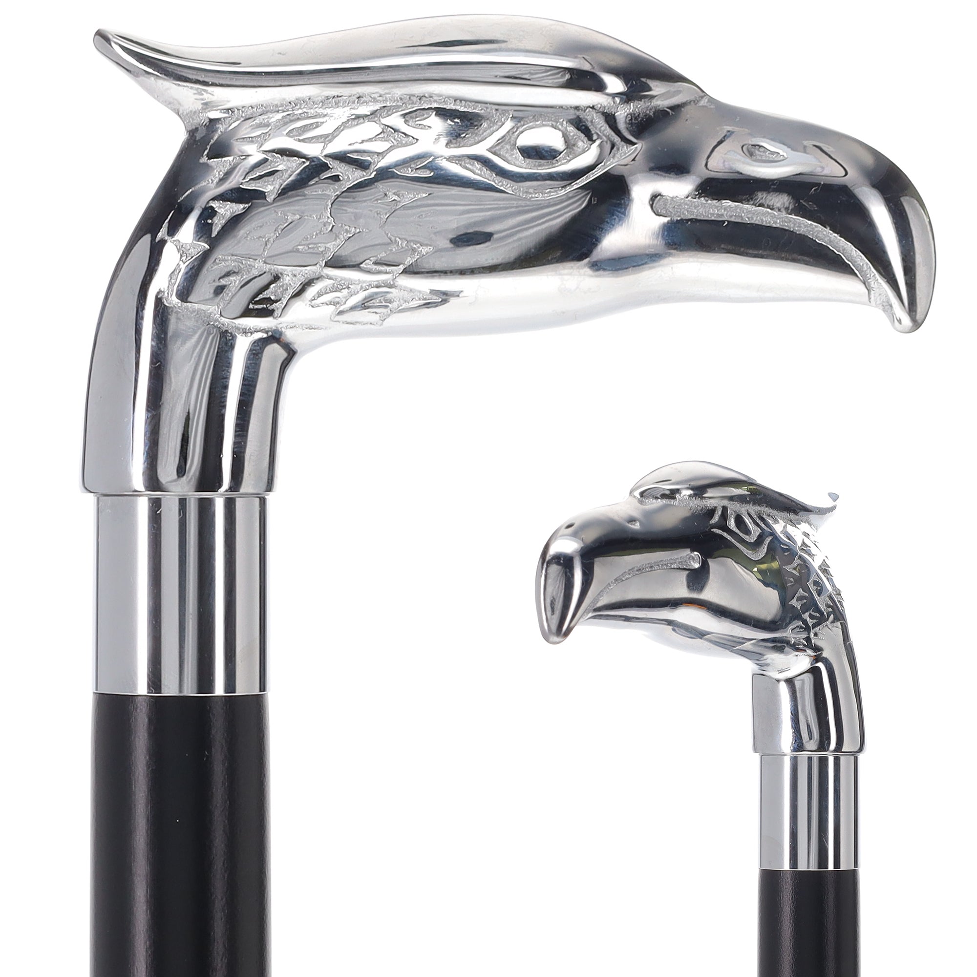 Scratch and Dent Chrome Plated Eagle Handle Walking Cane w/ Black Beechwood Shaft and Aluminum Silver Collar V2079 Wiki Cheap Pice