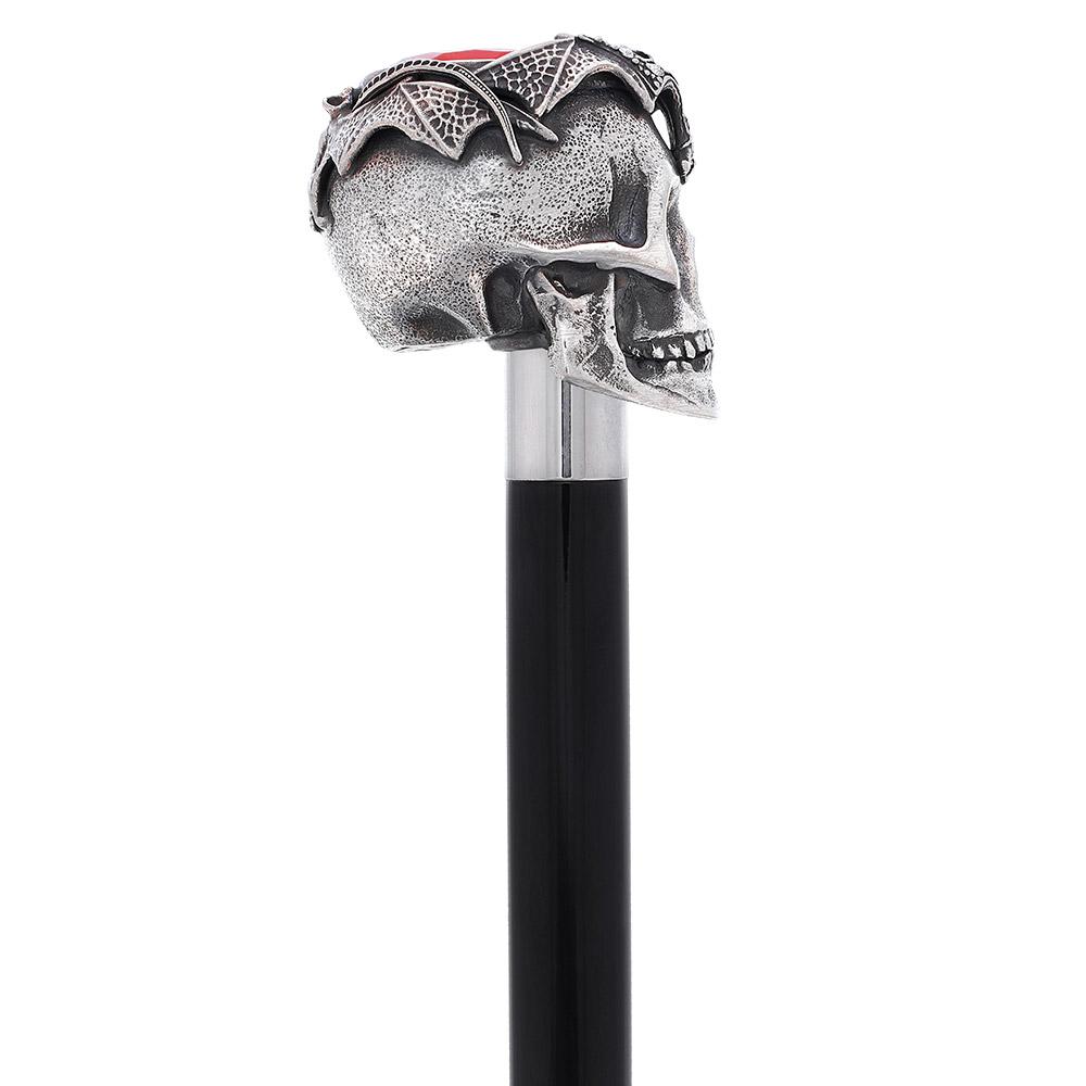 Silver 925r Ruby Red Skull and Bats Walking Cane w/ Black Beechwood Shaft Clearance With Mastercard