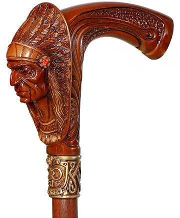 Scratch and Dent American Indian Chief Brown Handle Cane w/ Wood Shaft & Bronze Collar V2360 Discount Choice