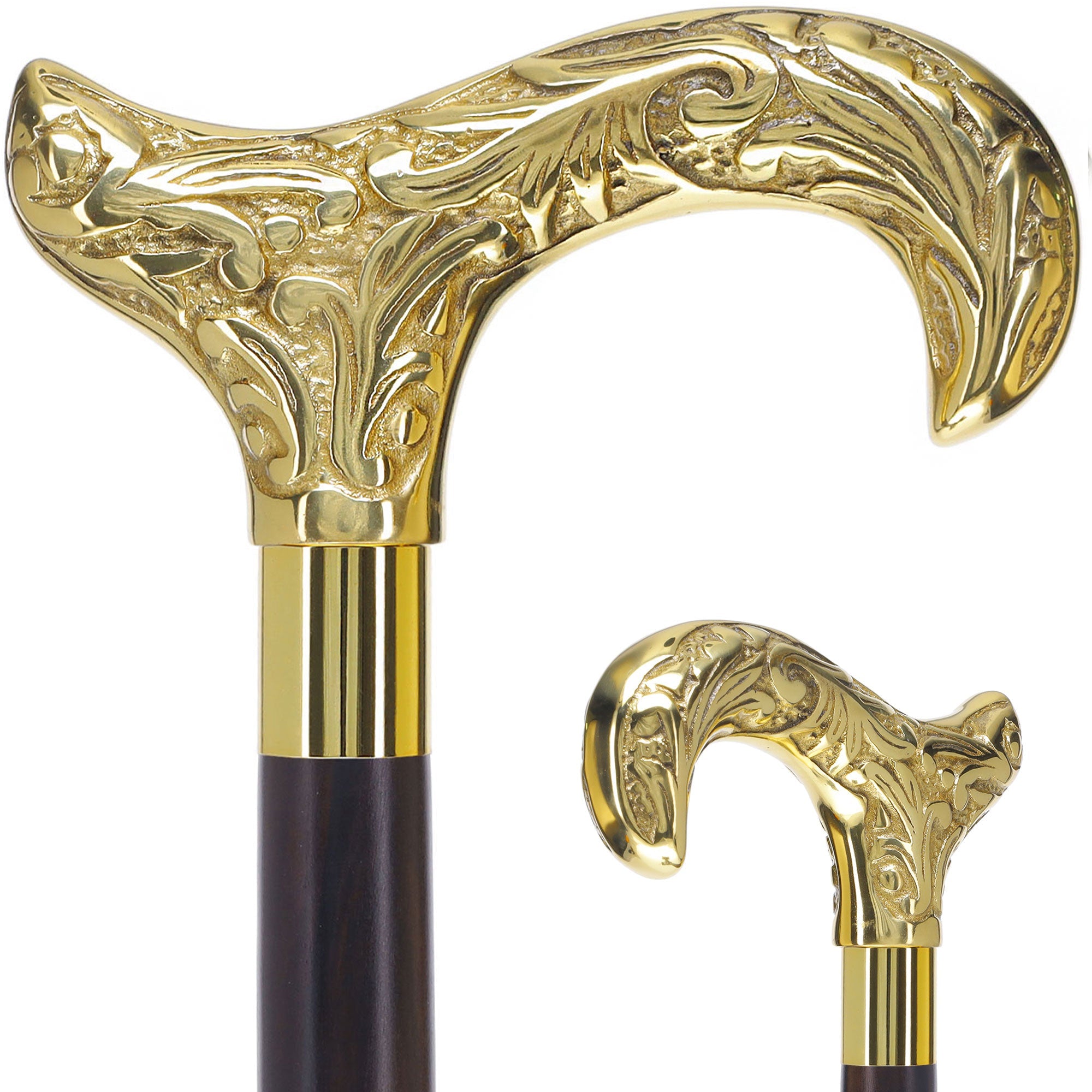 Scratch and Dent Brass Derby Handle Walking Cane w/ Brown Beechwood Shaft and Aluminum Gold Collar V2112 Outlet Countdown Package