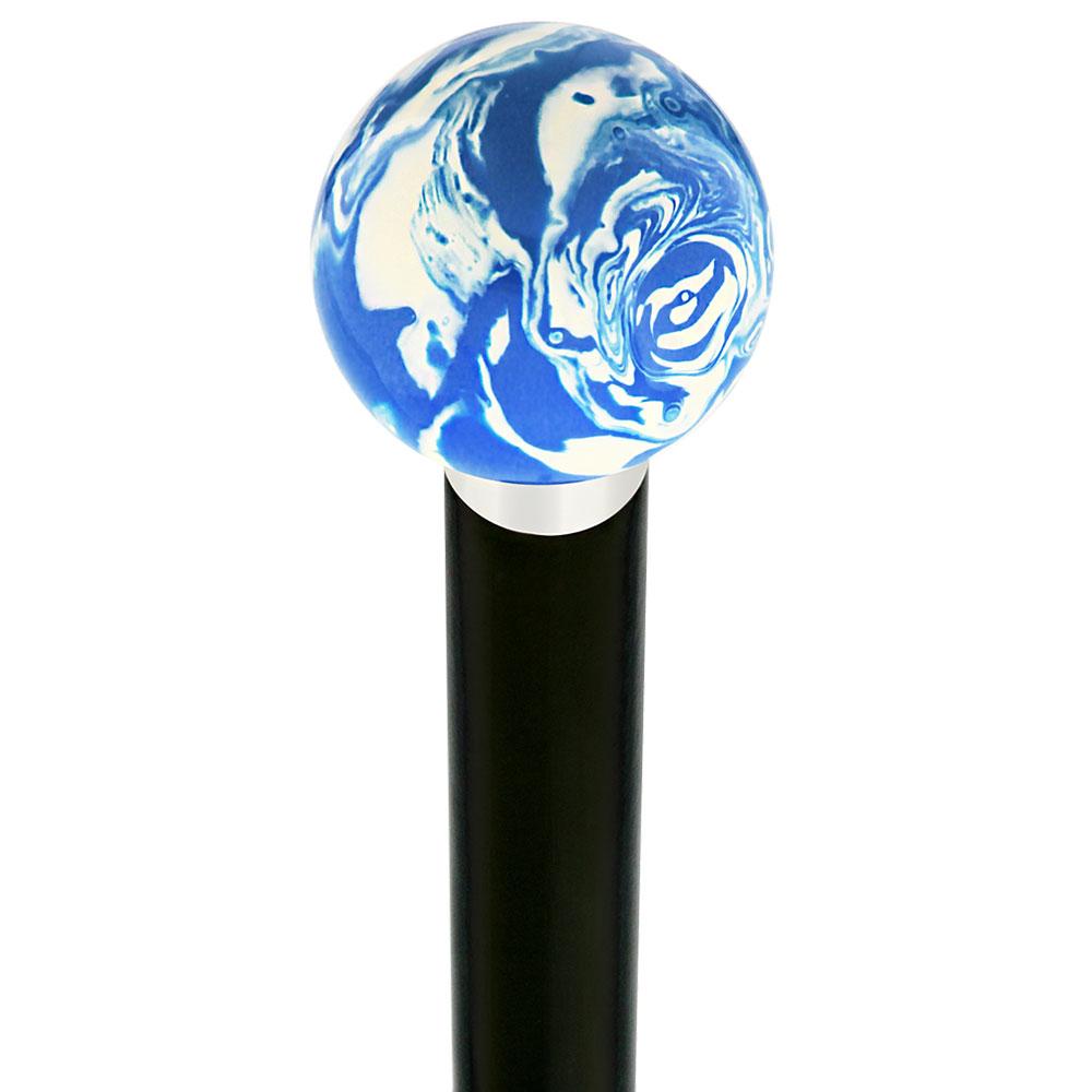 Blue & White Cream Swirl Round Knob Cane w/ Custom Wood Shaft & Collar Cheap Extremely