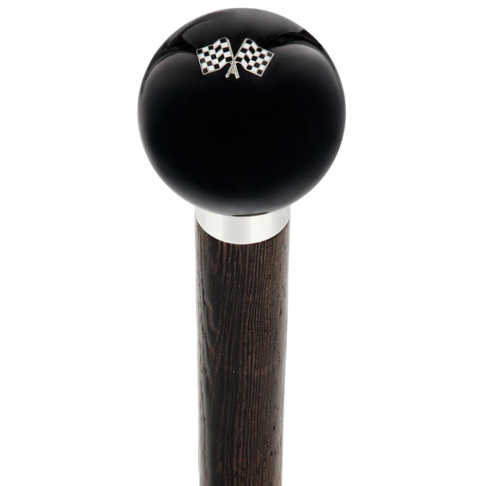 Checkered Racing Flags Black Round Knob Cane w/ Custom Wood Shaft & Collar Sale Online Online