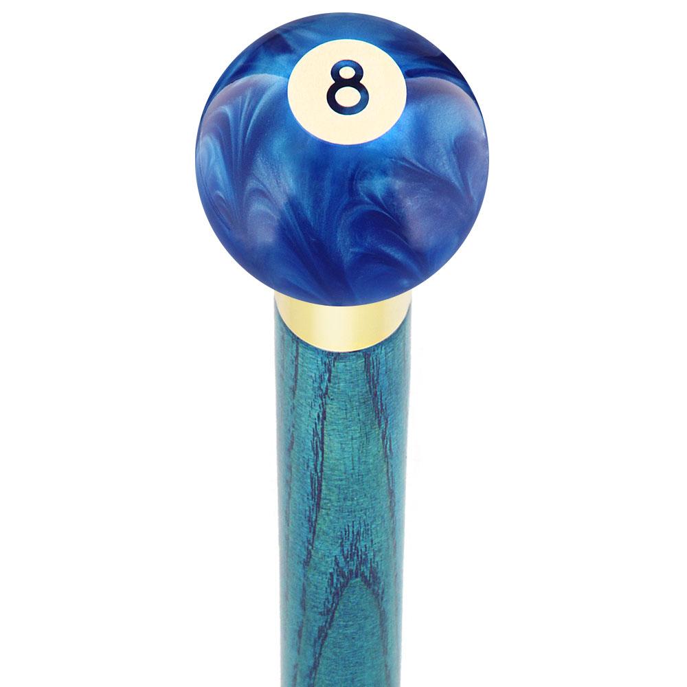 8 Ball Blue Pearl Round Knob Cane w/ Custom Color Ash Shaft & Collar Clearance Hot Sale