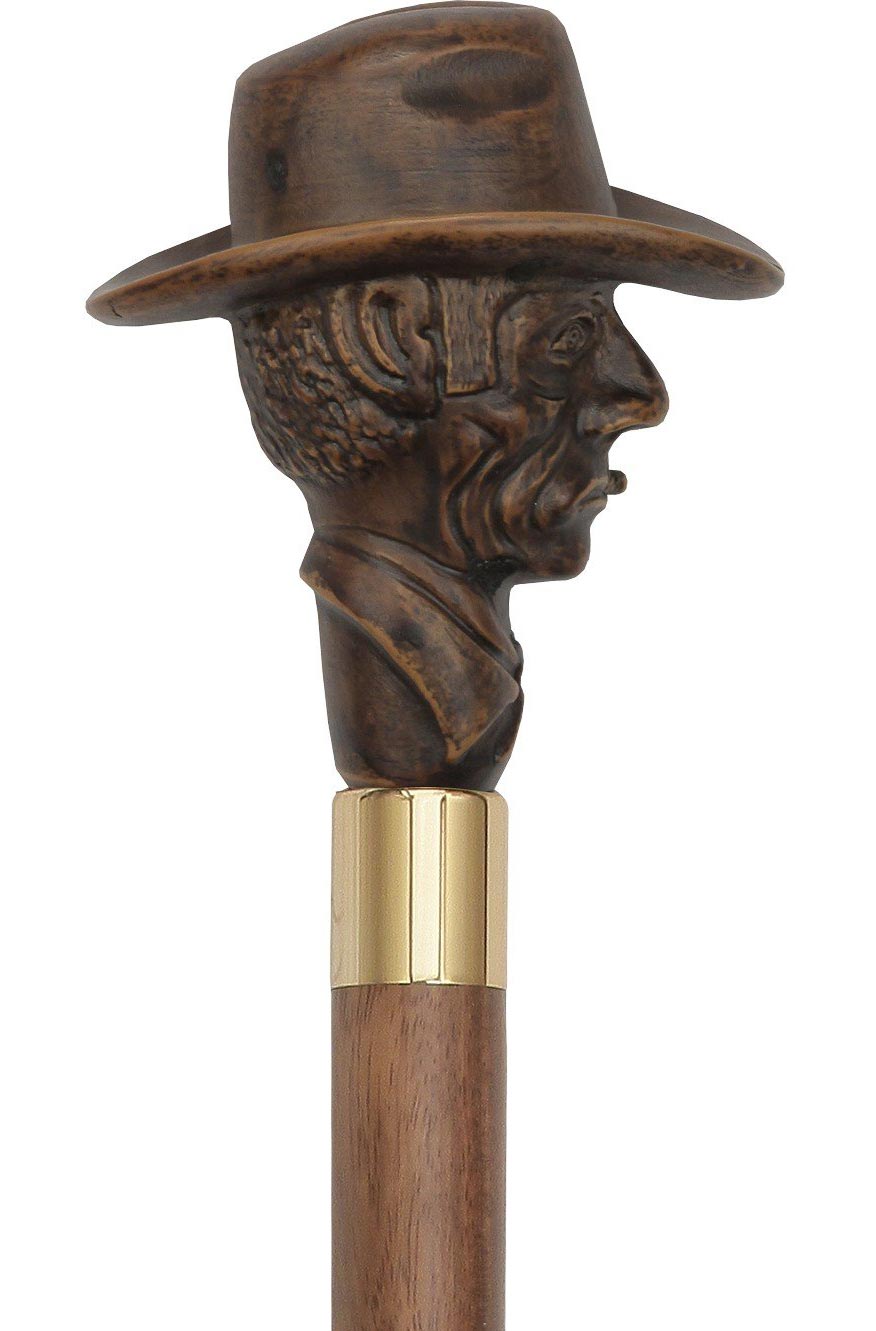 Brown Cowboy with Hat Imitation Wood Cane -Italian Handle w/Custom Shaft and Collar Manchester