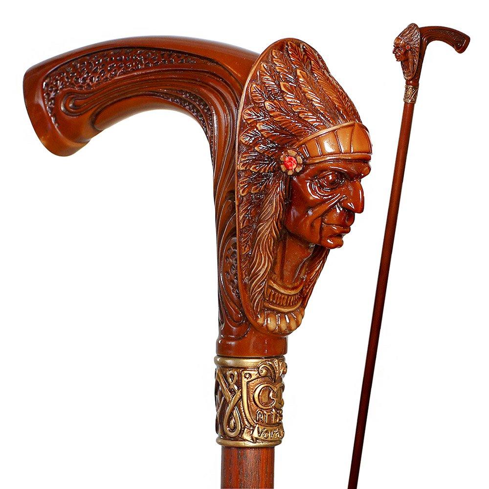 Scratch and Dent American Indian Chief Brown Handle Cane w/ Wood Shaft & Bronze Collar V2360 Discount Choice