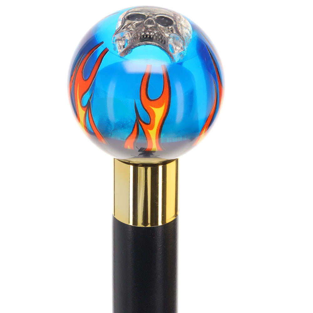 Blue Flame with Skull Round Knob Cane w/ Custom Wood Shaft & Collar Grey Outlet Store Online