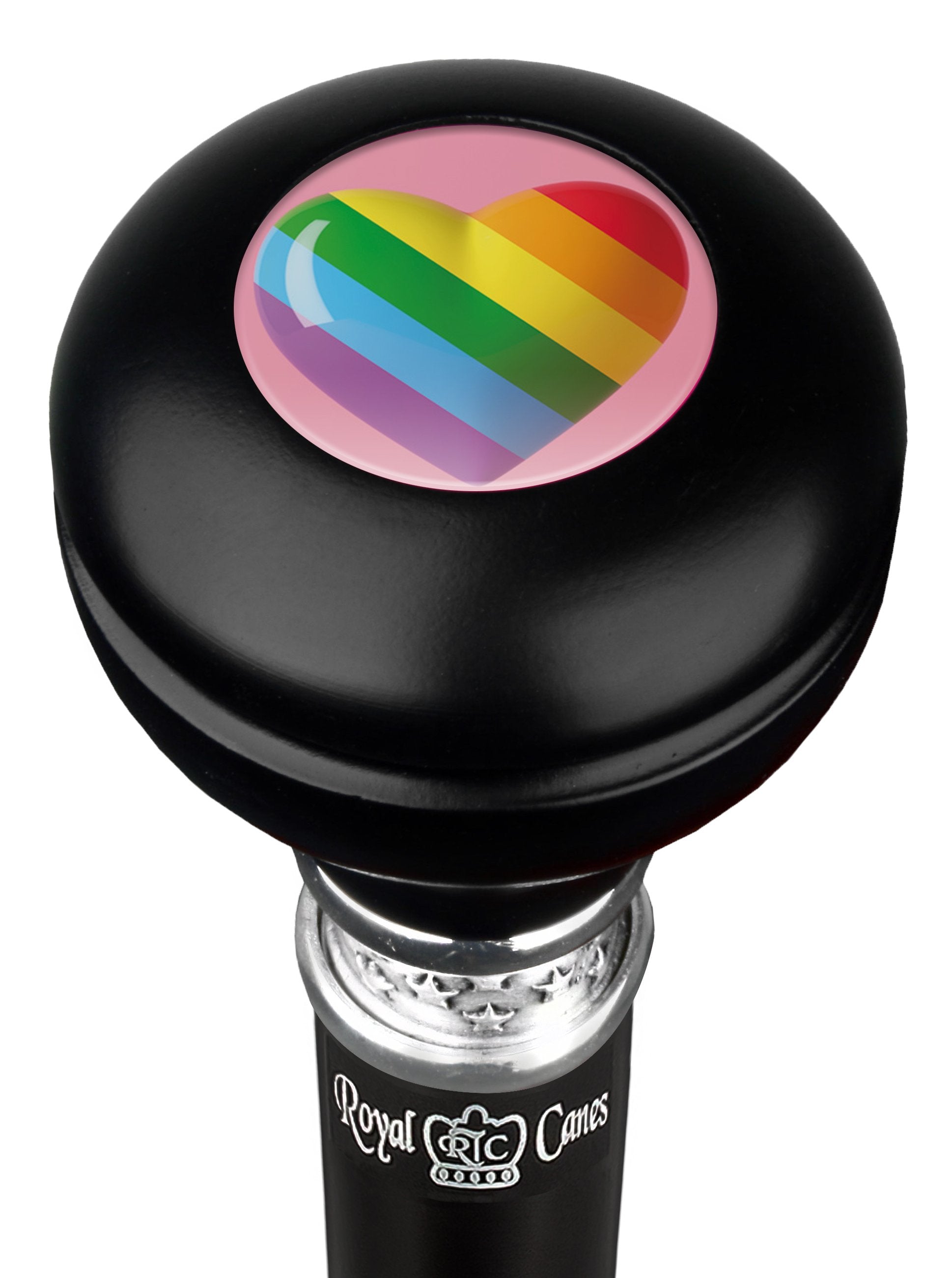 Rainbow Pride Heart Round Knob Walking Stick w/ Black Beechwood Shaft & Pewter Collar Sale Discount