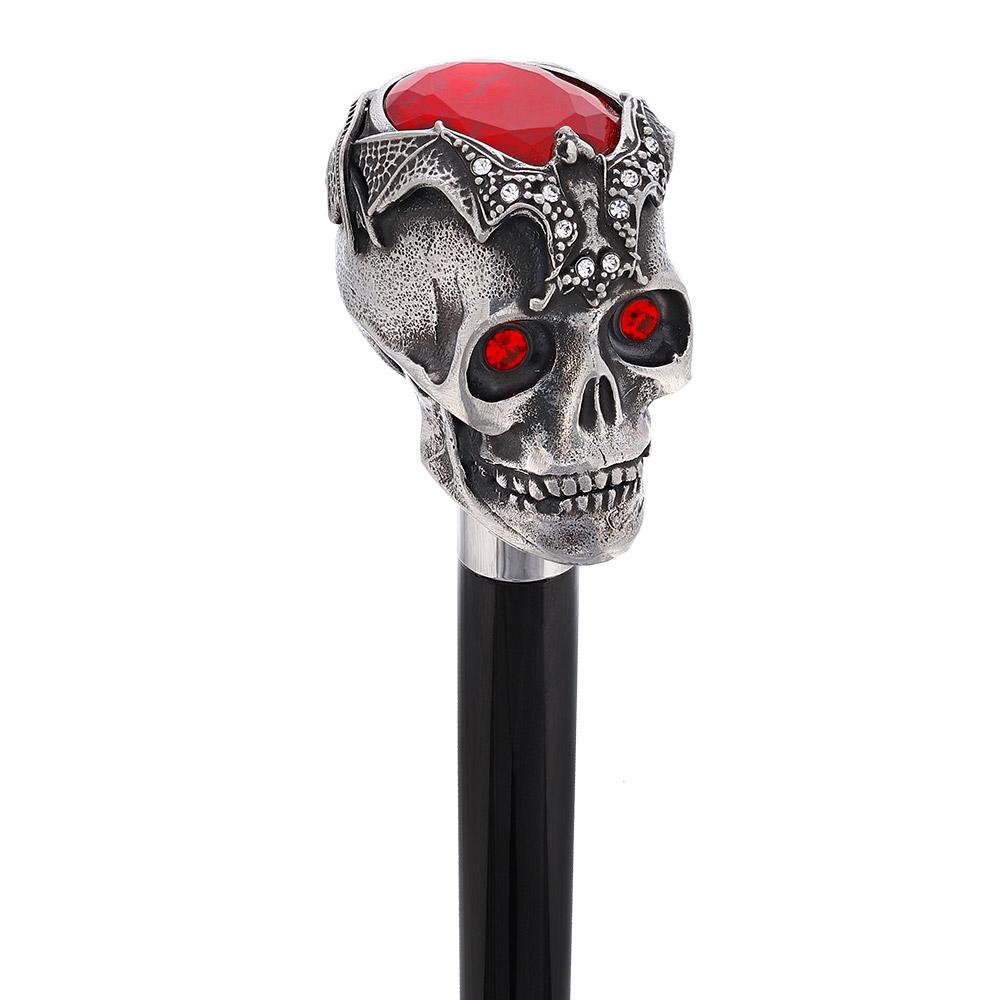 Silver 925r Ruby Red Skull and Bats Walking Cane w/ Black Beechwood Shaft Clearance With Mastercard