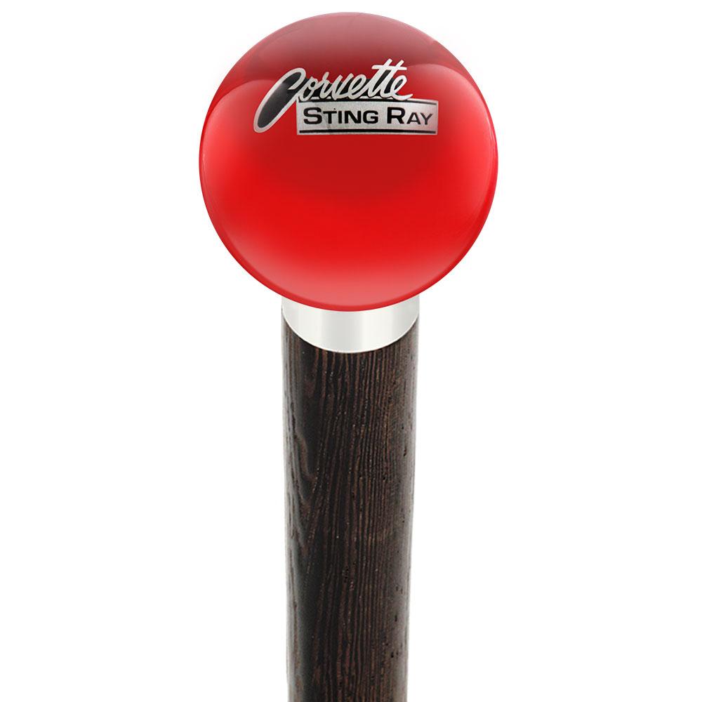 Licensed Corvette Sting Ray Vintage Emblem Red Round Knob Cane w/ Custom Wood Shaft & Collar Buy Cheap Best Sale