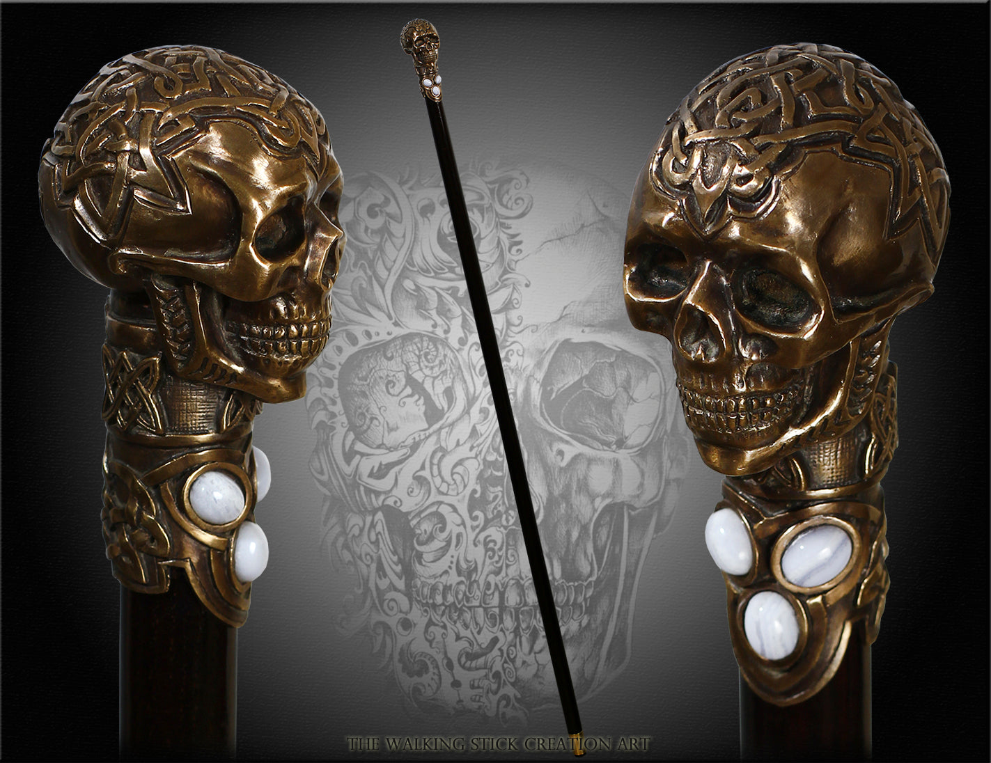 Skull Casted Bronze with Gems: Artisan Intricate Walking Cane Cheapest Pice For Sale