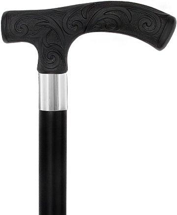 Scratch and Dent Carved Black Scroll Fritz Handled Cane - Italian Handle w/Black Beechwood Shaft and Aluminum Silver Collar V1929 Pictures Online