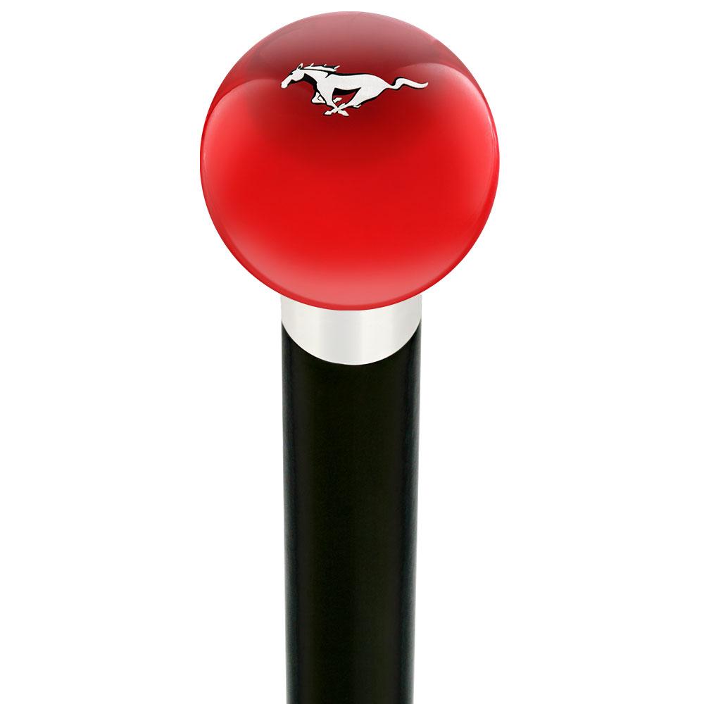 Licensed Mustang Horse Emblem Red Round Knob Cane w/ Custom Wood Shaft & Collar Clearance Store For Sale