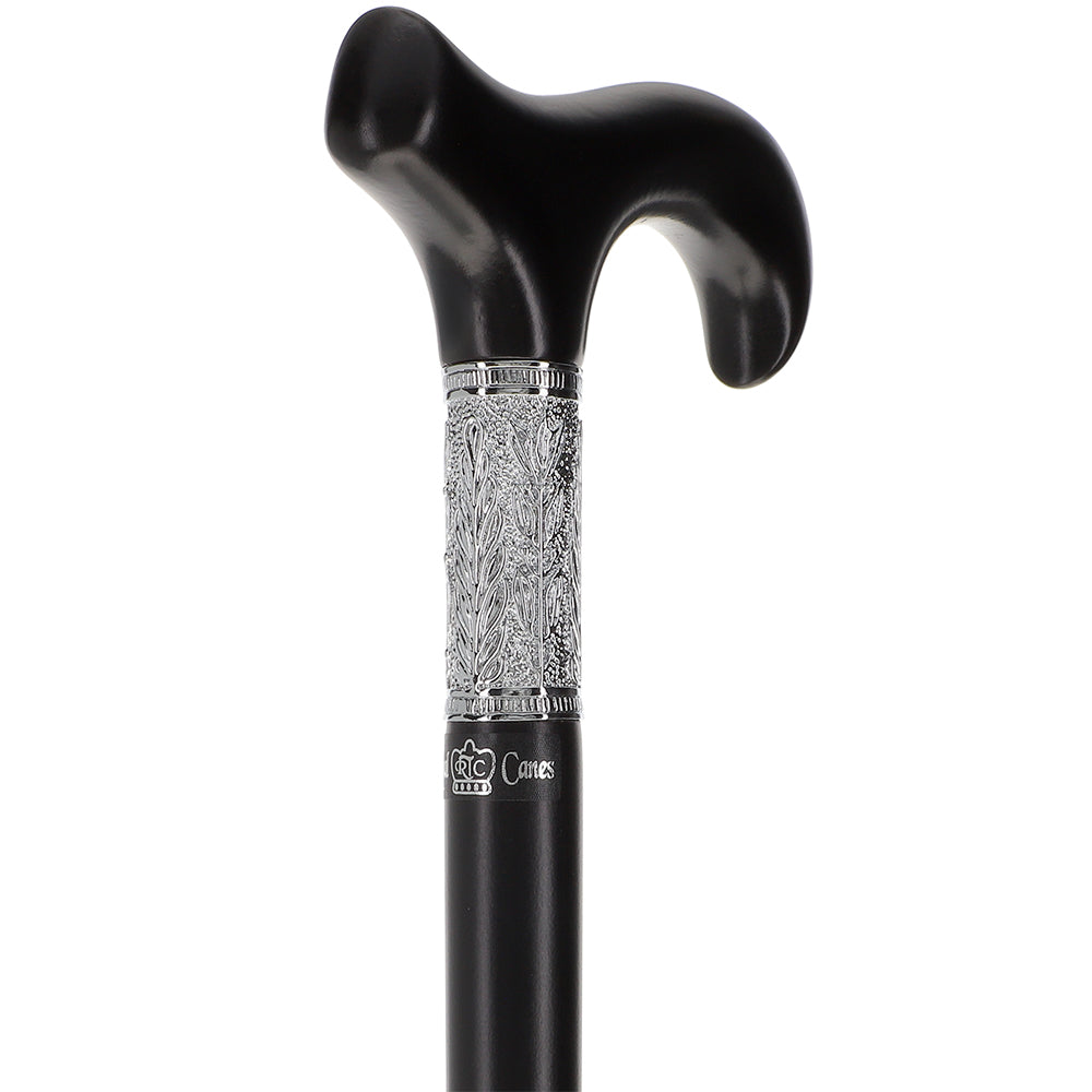 Scratch and Dent Hand-Made Black Beechwood Derby Walking Cane w/ Pewter Leaf Silver Collar V2308 Outlet Fashion Style