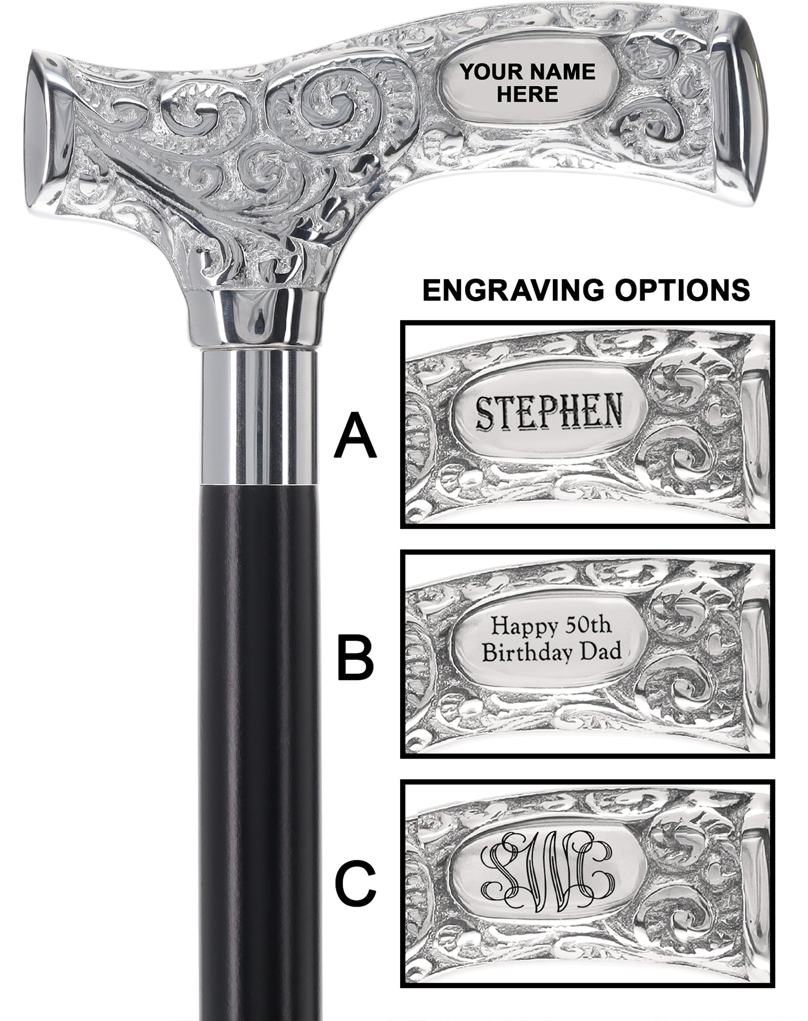 Make It Yours: Premium Chrome Cane w/ Personalized Engraving Pay With Visa For Sale