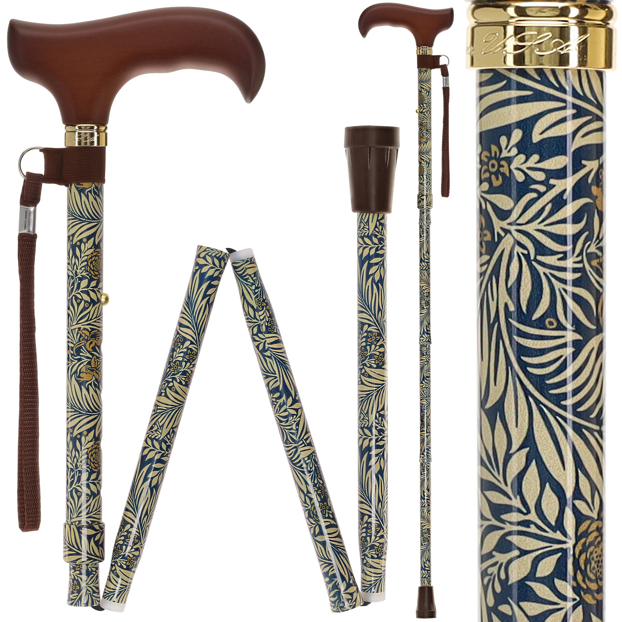 Golden Petals FashionStix: Foldable Wood Derby Walking Cane Authentic For Sale