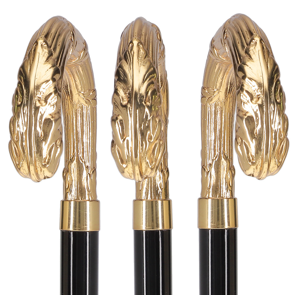 24K Gold Plated Ribbed Wheat Tourist Handle Walking Cane with Black Beechwood Shaft and Collar Outlet Shop