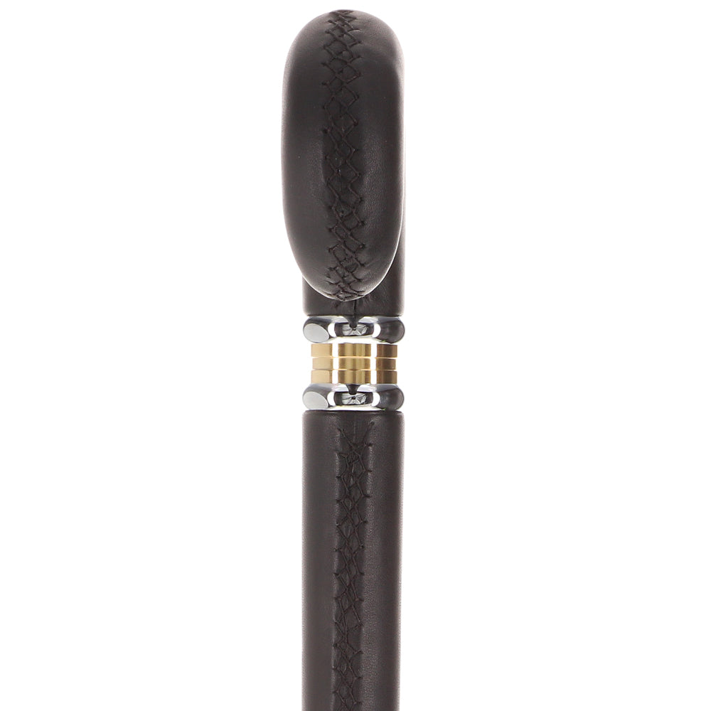 Scratch and Dent Black Leather Wrapped Derby Walking Cane With Leather Shaft and Two Tone Collar V1232 Online Online Cheap Pice