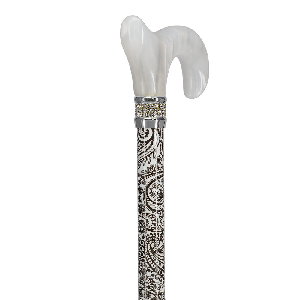 Scratch and Dent White Pearlz w/ Rhinestone Collar and Black Swirl Designer Adjustable Cane V1694 Cheap Sale Looking For