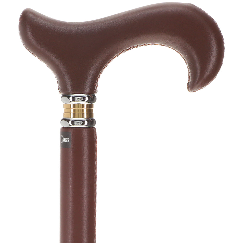 Scratch and Dent Brown Leather Wrapped Derby Walking Cane With Leather Shaft and Two Tone Collar V1266 Cheap Sale Manchester