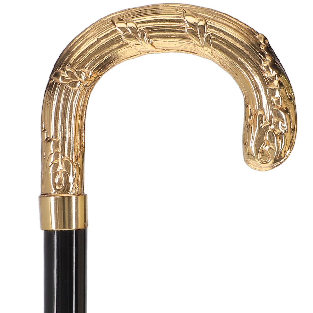 24K Gold Plated Ribbed Wheat Tourist Handle Walking Cane with Black Beechwood Shaft and Collar Outlet Shop
